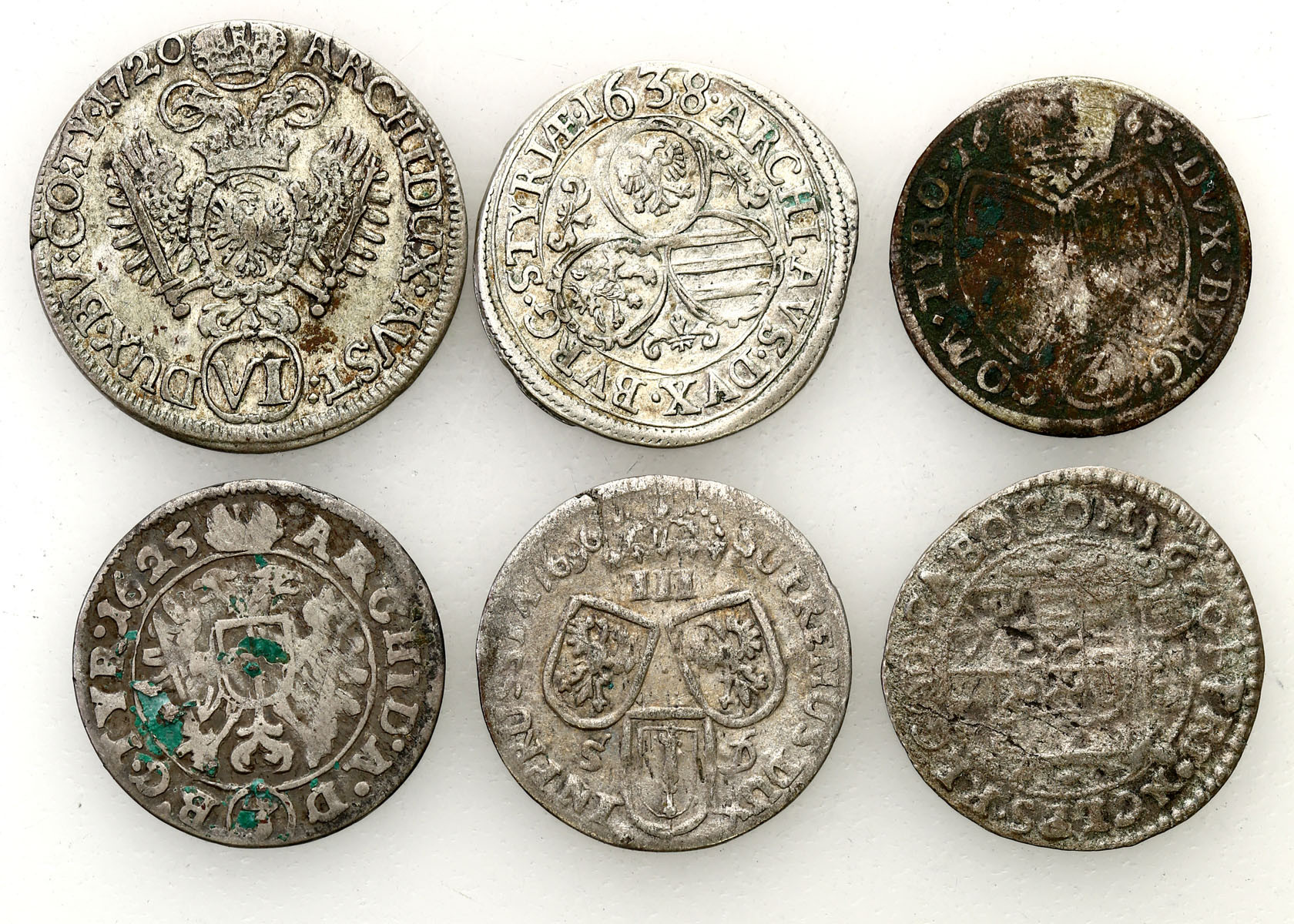 Austria, Niemcy, 3, 6 krajcarów 1625-1720, zestaw 6 monet